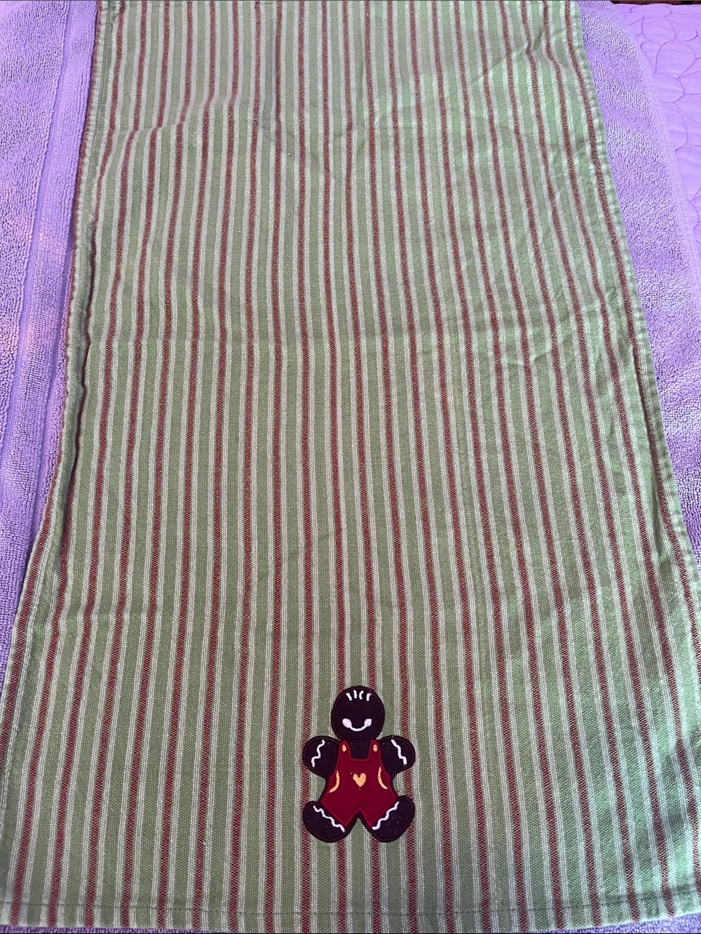 Christmas Gingerbread Man Green Red Striped Cotton Holiday Tea Towel - Picture 2 of 4